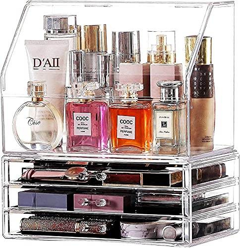 Cq acrylic Cosmetic Display Cases With LId Dustproof Waterproof for Bathroom Countertop Stackable Clear Makeup Organizer and Storage With 3 Drawers,Set of 2