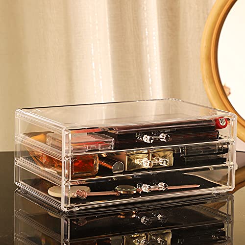 Cq acrylic Cosmetic Display Cases With LId Dustproof Waterproof for Bathroom Countertop Stackable Clear Makeup Organizer and Storage With 3 Drawers,Set of 2