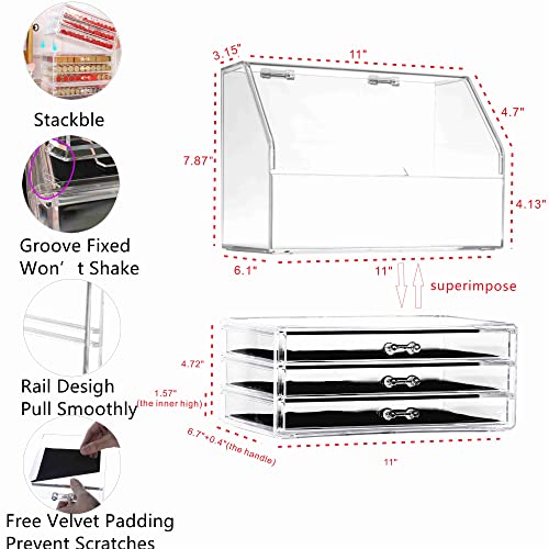 Cq acrylic Cosmetic Display Cases With LId Dustproof Waterproof for Bathroom Countertop Stackable Clear Makeup Organizer and Storage With 3 Drawers,Set of 2