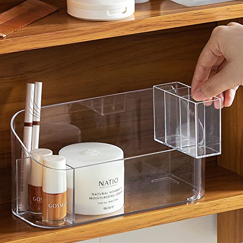 Jenoudar Small Makeup Organizer, Slim Cosmetic Display Case,Multifunctional Desktop Stationery Storage Tray,Clear Acrylic Skincare Organizers for Bathroom Countertop/Medicine Cabinet/Vanity