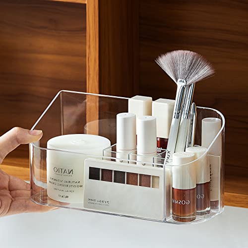 Jenoudar Small Makeup Organizer, Slim Cosmetic Display Case,Multifunctional Desktop Stationery Storage Tray,Clear Acrylic Skincare Organizers for Bathroom Countertop/Medicine Cabinet/Vanity