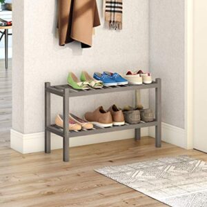 INTERBUILD Acacia Solid Wood Shoe Storage Organizer 2-Tier Stackable Shoe Rack, Dusk Gray