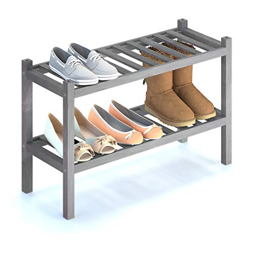 INTERBUILD Acacia Solid Wood Shoe Storage Organizer 2-Tier Stackable Shoe Rack, Dusk Gray