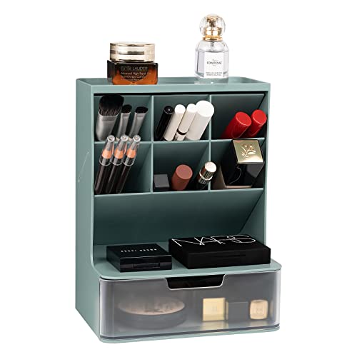 YARRAMATE Makeup Organizer with Brush Holder and Clear Drawer, Cosmetic Organizer and Storage in Bathroom, Dorm Room, Bedroom organizer for dresser, Cosmetic Display Cases (Fresh Green)