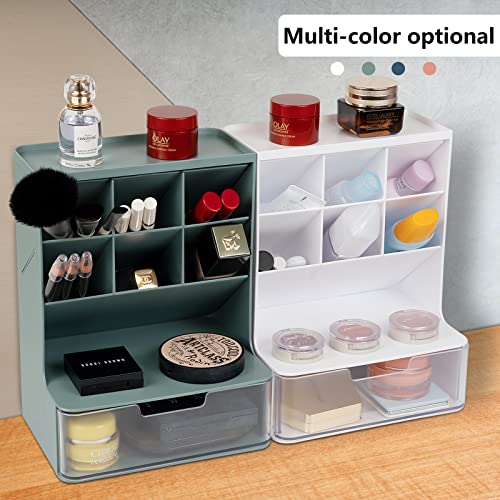 YARRAMATE Makeup Organizer with Brush Holder and Clear Drawer, Cosmetic Organizer and Storage in Bathroom, Dorm Room, Bedroom organizer for dresser, Cosmetic Display Cases (Fresh Green)