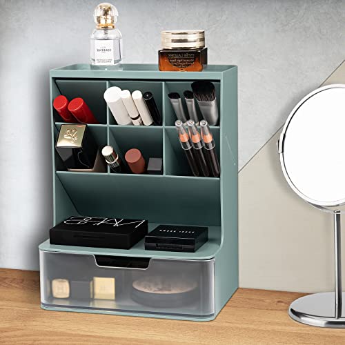 YARRAMATE Makeup Organizer with Brush Holder and Clear Drawer, Cosmetic Organizer and Storage in Bathroom, Dorm Room, Bedroom organizer for dresser, Cosmetic Display Cases (Fresh Green)