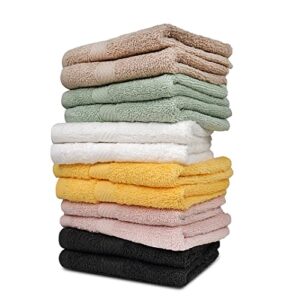 zuperia 100% cotton bath wash cloths - 12 pack - 12" x 12"- highly absorbent soft washcloths for face, gym towels, hotel spa quality, reusable multipurpose towels (12 pack, 6 multicolors)