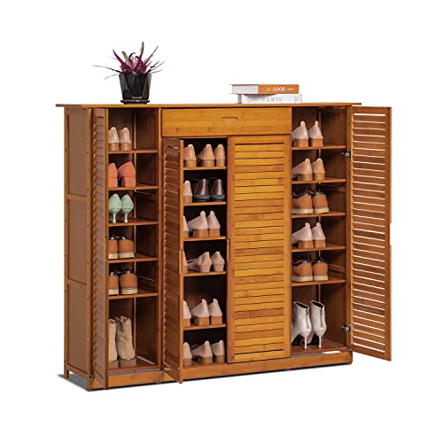 MoNiBloom Bamboo 7-Tier Shoe Organizer with Drawer Symmetrical Blind Door Boots Heels, Hallway Entryway, Brown