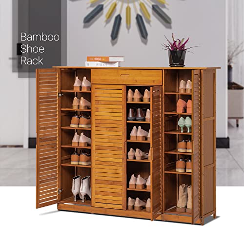 MoNiBloom Bamboo 7-Tier Shoe Organizer with Drawer Symmetrical Blind Door Boots Heels, Hallway Entryway, Brown