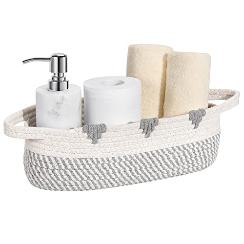 Luxspire Boho Storage Basket, Toilet Paper Basket, Handmade Cotton Rope Woven Basket Toilet Paper Storage Bins Small Organizer with Handle for Bedroom Nursery Bathroom, 13.4" x 6", White + Gray