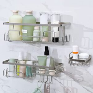 softor 3 pack shower caddy shelf with soap holder and hooks, adhesive shower shelves with waterproof stainless steel, no drilling bathroom caddy organizer shower (sliver), silver
