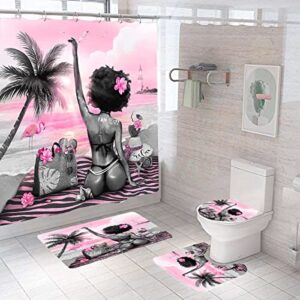4pcs american african black girl shower curtains sets with rugs for bathroom non-slip rugs and 12 hooks, bath mat and toilet lid cover ,pink beach black girl bathroom