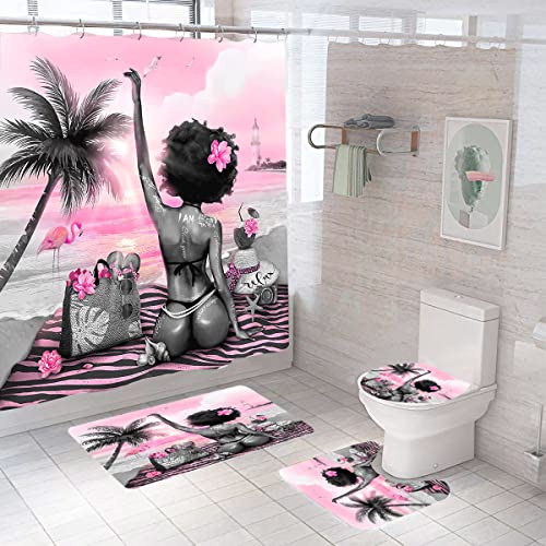 4Pcs American African Black Girl Shower Curtains Sets with Rugs for Bathroom Non-Slip Rugs and 12 Hooks, Bath Mat and Toilet Lid Cover ,Pink Beach Black Girl Bathroom