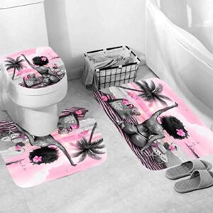 4Pcs American African Black Girl Shower Curtains Sets with Rugs for Bathroom Non-Slip Rugs and 12 Hooks, Bath Mat and Toilet Lid Cover ,Pink Beach Black Girl Bathroom