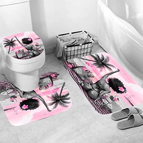 4Pcs American African Black Girl Shower Curtains Sets with Rugs for Bathroom Non-Slip Rugs and 12 Hooks, Bath Mat and Toilet Lid Cover ,Pink Beach Black Girl Bathroom