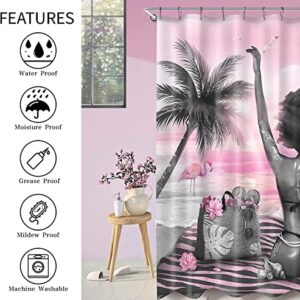 4Pcs American African Black Girl Shower Curtains Sets with Rugs for Bathroom Non-Slip Rugs and 12 Hooks, Bath Mat and Toilet Lid Cover ,Pink Beach Black Girl Bathroom