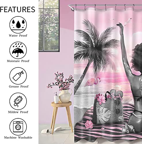 4Pcs American African Black Girl Shower Curtains Sets with Rugs for Bathroom Non-Slip Rugs and 12 Hooks, Bath Mat and Toilet Lid Cover ,Pink Beach Black Girl Bathroom