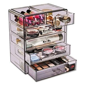 sorbus acrylic clear makeup organizer - big & spacious cosmetic display case - stylish designed jewelry & make up organizers and storage for vanity, bathroom (4 large, 2 small drawers) [purple]