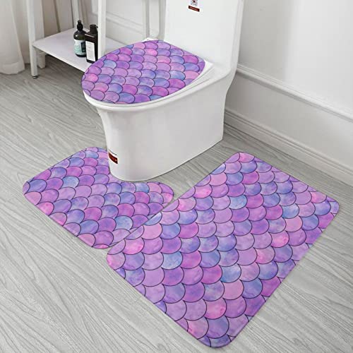 SEPTYK Mermaid Fish Scales Pattern Bathroom Rugs Sets 3 Piece Absorbent Soft Non-Slip Bath Mat U-Shaped Pad and Toilet Lid Cover Washable Bathroom Decoration 15.7"x23.6"