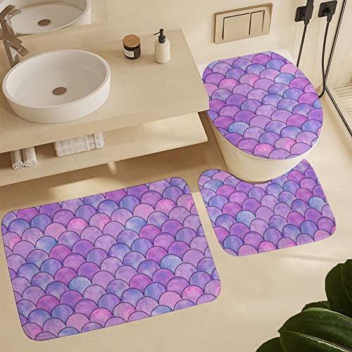 SEPTYK Mermaid Fish Scales Pattern Bathroom Rugs Sets 3 Piece Absorbent Soft Non-Slip Bath Mat U-Shaped Pad and Toilet Lid Cover Washable Bathroom Decoration 15.7"x23.6"