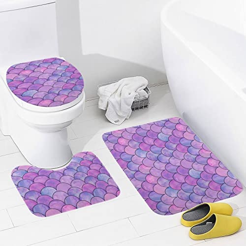 SEPTYK Mermaid Fish Scales Pattern Bathroom Rugs Sets 3 Piece Absorbent Soft Non-Slip Bath Mat U-Shaped Pad and Toilet Lid Cover Washable Bathroom Decoration 15.7"x23.6"