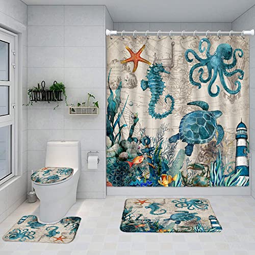 BBIOKD 4 Piece Nautical Shower Curtain Sets Ocean Sea Turtles Octopus Seahorse Beach Biological Vintage Map Lighthouse Rugs Toilet Lid Cover Bath Mat Bathroom Curtains Set 12 Hooks