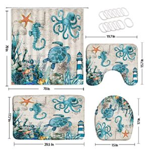 BBIOKD 4 Piece Nautical Shower Curtain Sets Ocean Sea Turtles Octopus Seahorse Beach Biological Vintage Map Lighthouse Rugs Toilet Lid Cover Bath Mat Bathroom Curtains Set 12 Hooks