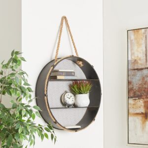 Deco 79 Metal Round 2 Shelves Wall Shelf with Hanging Rope, 24" x 6" x 24", Black