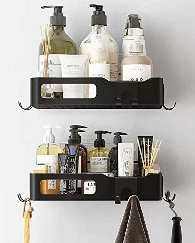 Shower Caddy Shelf Organizer Basket Rack with 2 Hooks, Rust Proof Stainless Steel Bathroom Shelves Shampoo Holder No Drilling Storage Organizer for Bathroom, Dorm and Kitchen. 2-Pack(Black)