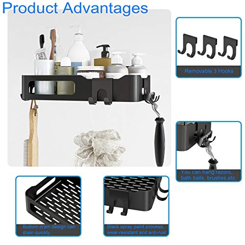 Shower Caddy Shelf Organizer Basket Rack with 2 Hooks, Rust Proof Stainless Steel Bathroom Shelves Shampoo Holder No Drilling Storage Organizer for Bathroom, Dorm and Kitchen. 2-Pack(Black)