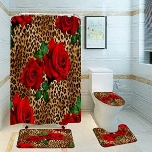 4pcs leopard flower shower curtain set with rug red rose floral valentine's day wild animal print mix skin pattern bathroom set with hooks(bath mat,u shape and toilet lid cover mat)