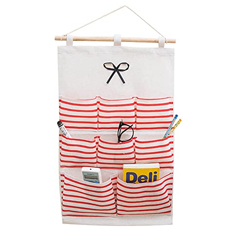 Halyuhn 23 x 14 Inch 8 Pockets Wall Hanging Storage Bag, White Red Striated Waterproof Linen Fabric Organizer with Self Adhesive Hook Wood Bar, Narrow 3-Shelf Over The Door Closet Pockets Chart