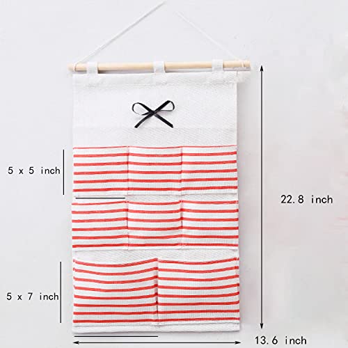 Halyuhn 23 x 14 Inch 8 Pockets Wall Hanging Storage Bag, White Red Striated Waterproof Linen Fabric Organizer with Self Adhesive Hook Wood Bar, Narrow 3-Shelf Over The Door Closet Pockets Chart