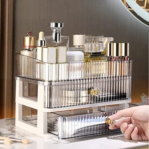 KchThass Acrylic Makeup Organizer with 2 Drawers,Cosmetic Display Cases for Vanity,Skincare Organizers Countertop,Desk Storage Holder for Perfume,Lotion,Lipstick,Brushes (3-Layer,Purple)