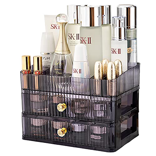 KchThass Acrylic Makeup Organizer with 2 Drawers,Cosmetic Display Cases for Vanity,Skincare Organizers Countertop,Desk Storage Holder for Perfume,Lotion,Lipstick,Brushes (3-Layer,Purple)