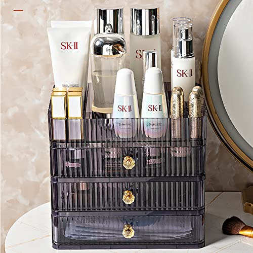 KchThass Acrylic Makeup Organizer with 2 Drawers,Cosmetic Display Cases for Vanity,Skincare Organizers Countertop,Desk Storage Holder for Perfume,Lotion,Lipstick,Brushes (3-Layer,Purple)