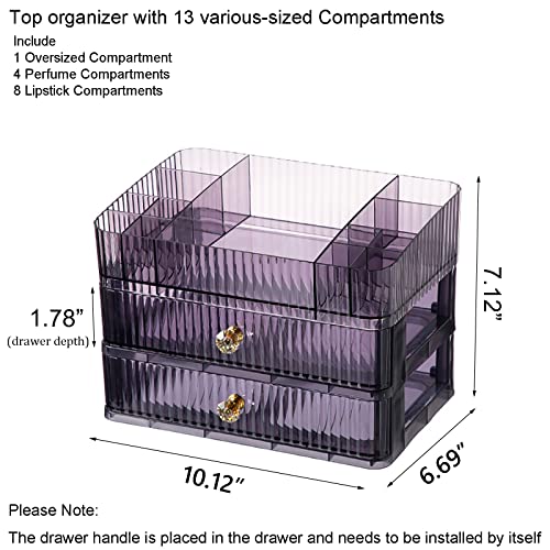 KchThass Acrylic Makeup Organizer with 2 Drawers,Cosmetic Display Cases for Vanity,Skincare Organizers Countertop,Desk Storage Holder for Perfume,Lotion,Lipstick,Brushes (3-Layer,Purple)