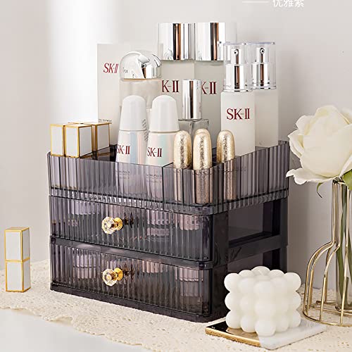 KchThass Acrylic Makeup Organizer with 2 Drawers,Cosmetic Display Cases for Vanity,Skincare Organizers Countertop,Desk Storage Holder for Perfume,Lotion,Lipstick,Brushes (3-Layer,Purple)