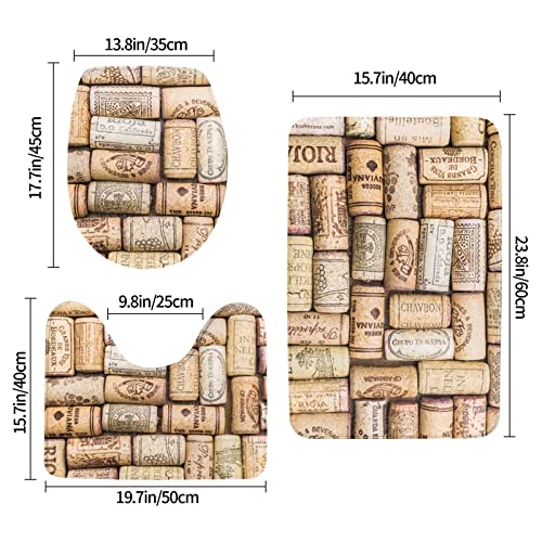 MUKJHOI Bathroom Rugs Sets 3 Piece with Contour Mat and U-Shaped Contour Toilet Mat Absorbent Plush Velvet Bath Mats Non-Slip Bath Rugs Machine Washable 24x16, Retro Wine Cork Pattern