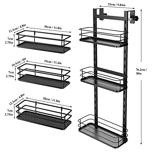 Nieifi Adjustable Over The Shower Door Caddy Organizer Shelves Rack with Hooks, Hanging Rustproof Shower Shelf Storage Basket for Inside Shower, Small Items Don’t Fall, Balck 3 Tier