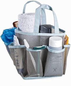 mesh portable shower tote and caddy multiple colors available. perfect for dorm, gym, or bathroom. sturdy handles & fast drying (gray with light blue trim)
