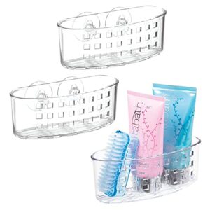 mdesign plastic suction shower caddy storage basket - soap and sponge holder for bathroom organization of body wash, loofahs, razors, small shampoo and conditioner bottles, bath bombs - 3 pack - clear