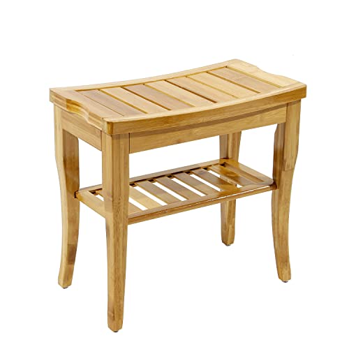 SogesHome Bamboo Shower Bench, Shower Caddies Foot Rest with Storage Shelf for Shampoo Towel, Ideal for Bathroom/Living Room/Bedroom, Natural