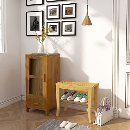 SogesHome Bamboo Shower Bench, Shower Caddies Foot Rest with Storage Shelf for Shampoo Towel, Ideal for Bathroom/Living Room/Bedroom, Natural