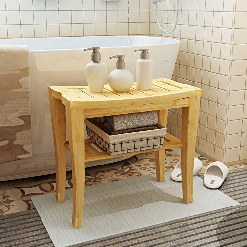 SogesHome Bamboo Shower Bench, Shower Caddies Foot Rest with Storage Shelf for Shampoo Towel, Ideal for Bathroom/Living Room/Bedroom, Natural