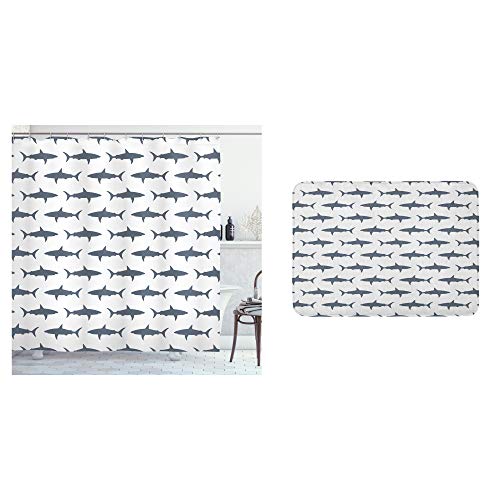 Ambesonne Sea Animals Shower Curtain & Bath Mat Bundle, Sharks Swimming Horizontal Silhouettes Powerful Dangerous Wild Life, Set of 2 with a Bathroom Drape and Plush Mat for Decor, Charcoal Grey White