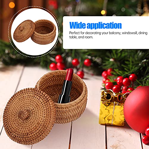 EXCEART Small Round Basket Round gift baskets empty Wicker Basket with Lid Fruit Basket Bowls Rattan Woven Storage Baskets Desktop Organizer for Home small basket Office waste basket Snacks Arranger