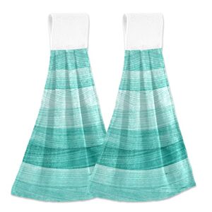 teal turquoise green wood kitchen towel home decorative loop dish hand towel hanging tie towels 2pcs super soft absorbent washcloth for bathroom farmhouse housewarming tabletop, 12x17inches