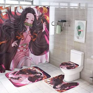 ffis anime 𝐃𝐞.𝐌𝐨𝐧 𝐒𝐥𝐚.𝐘𝐞𝐫 𝐍𝐞𝐳𝐮.𝐊𝐨 bathroom shower curtain set, 4 piece bathroom with waterproof shower curtain and non slip shower mat & toilet lid cover mat u carpet