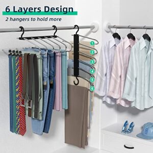 Pants Hangers Space Saving, 2 Pack Stainless Steel Pants Hangers for Closet Organizer Magic Trousers Hanger Space Saving Non Slip for Jeans Skirts Scarves Belts Towels Ties Leggings (Black)